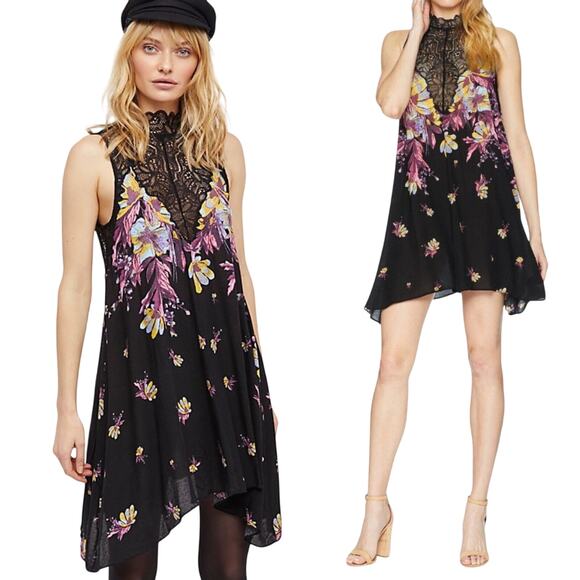 Free People Marsha Printed Mini Slip Dress Lace Neckline Sleeveless Black Pink L - Picture 1 of 7